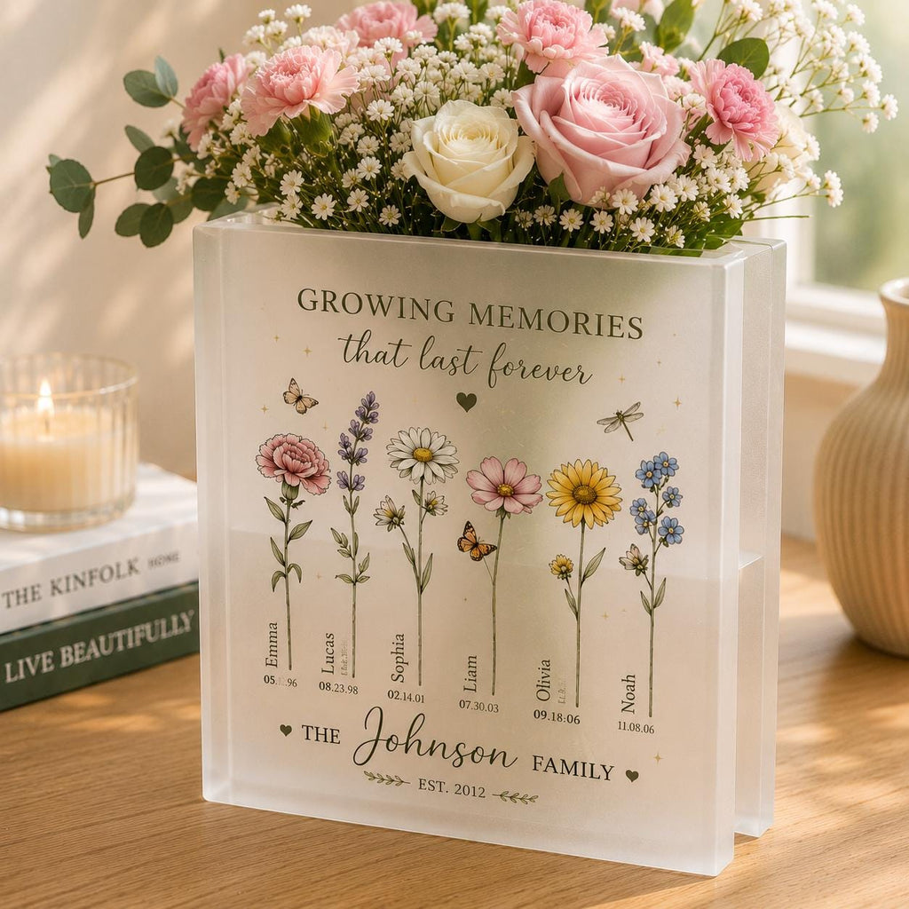 Personalized Birth Flower Acrylic Book Vase, Custom Family Name Flower Vase, Growing Memories Gift - product image 1