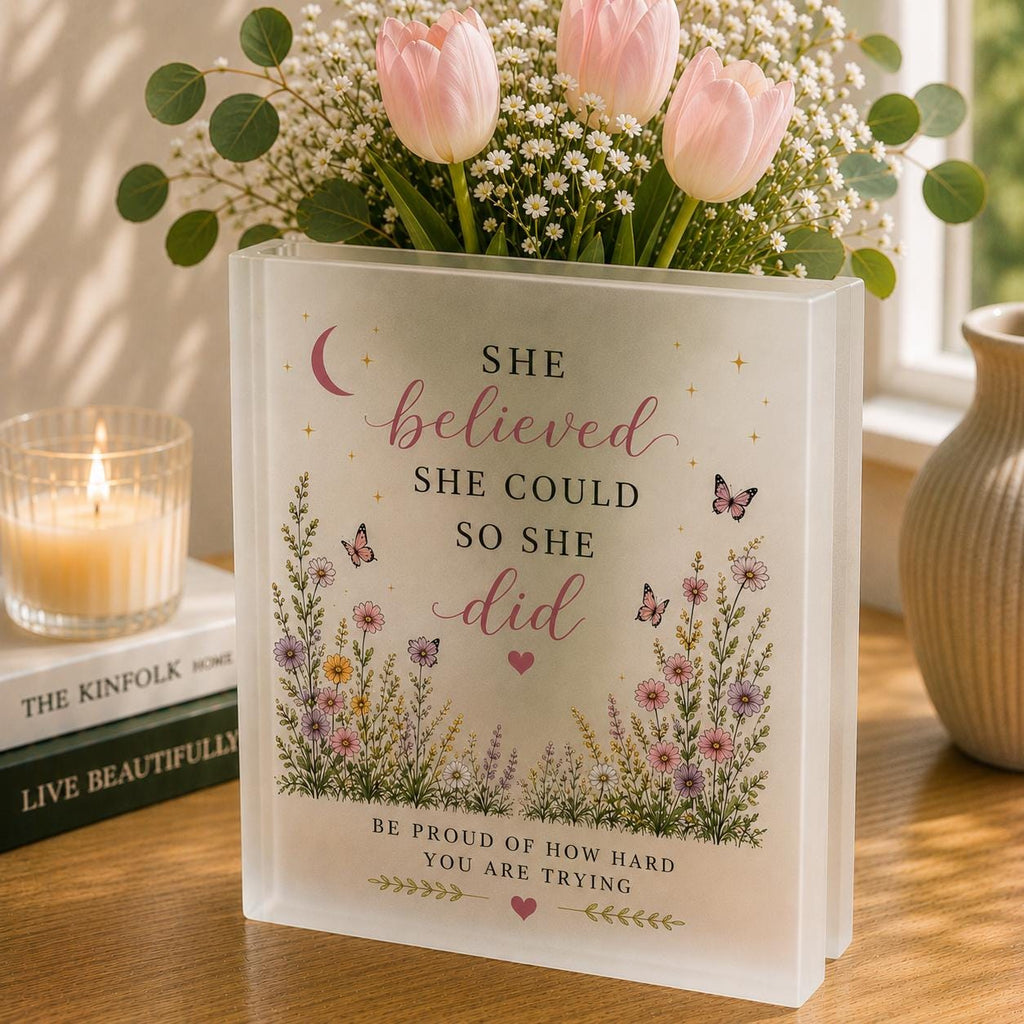 Inspirational Book Vase, Acrylic Flower Vase, She Believed She Could Gift, Graduation Gift for Her - product image 4