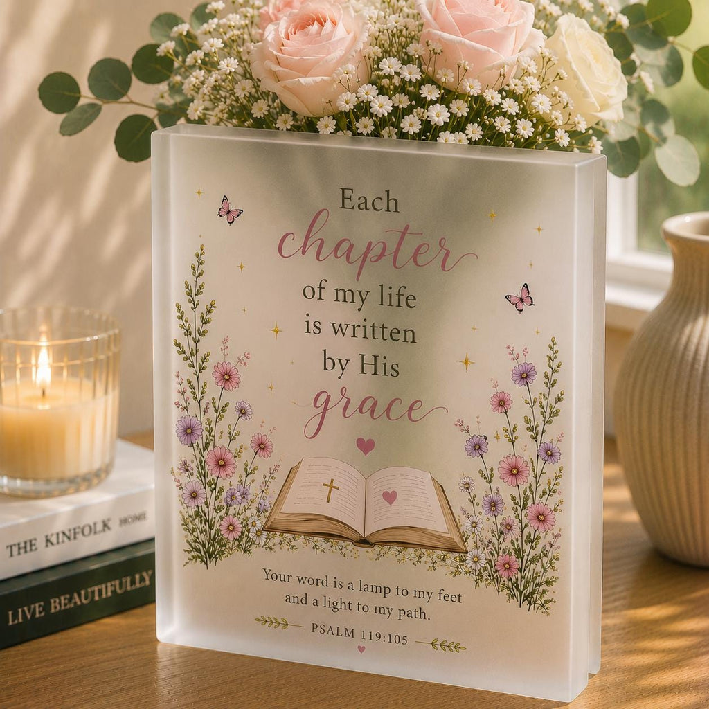 Christian Book Vase, Acrylic Flower Vase, Psalm 119:105 Gift, Each Chapter of My Life Is Written by His - product image 1