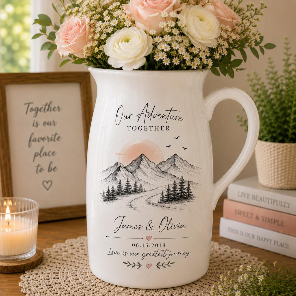 Personalized Couple Adventure Ceramic Pitcher Vase, Custom Names and Date Flower Vase, Anniversary or - product image 2