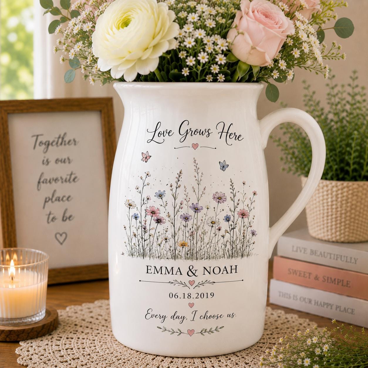 Personalized Couple Ceramic Flower Vase, Custom Names and Date Vase, Anniversary Gift, Wedding Keepsake - product image 2