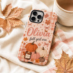 Personalized Fall Phone Case, Custom Name Pumpkin Tough Case, Coquette Autumn Gift For Her