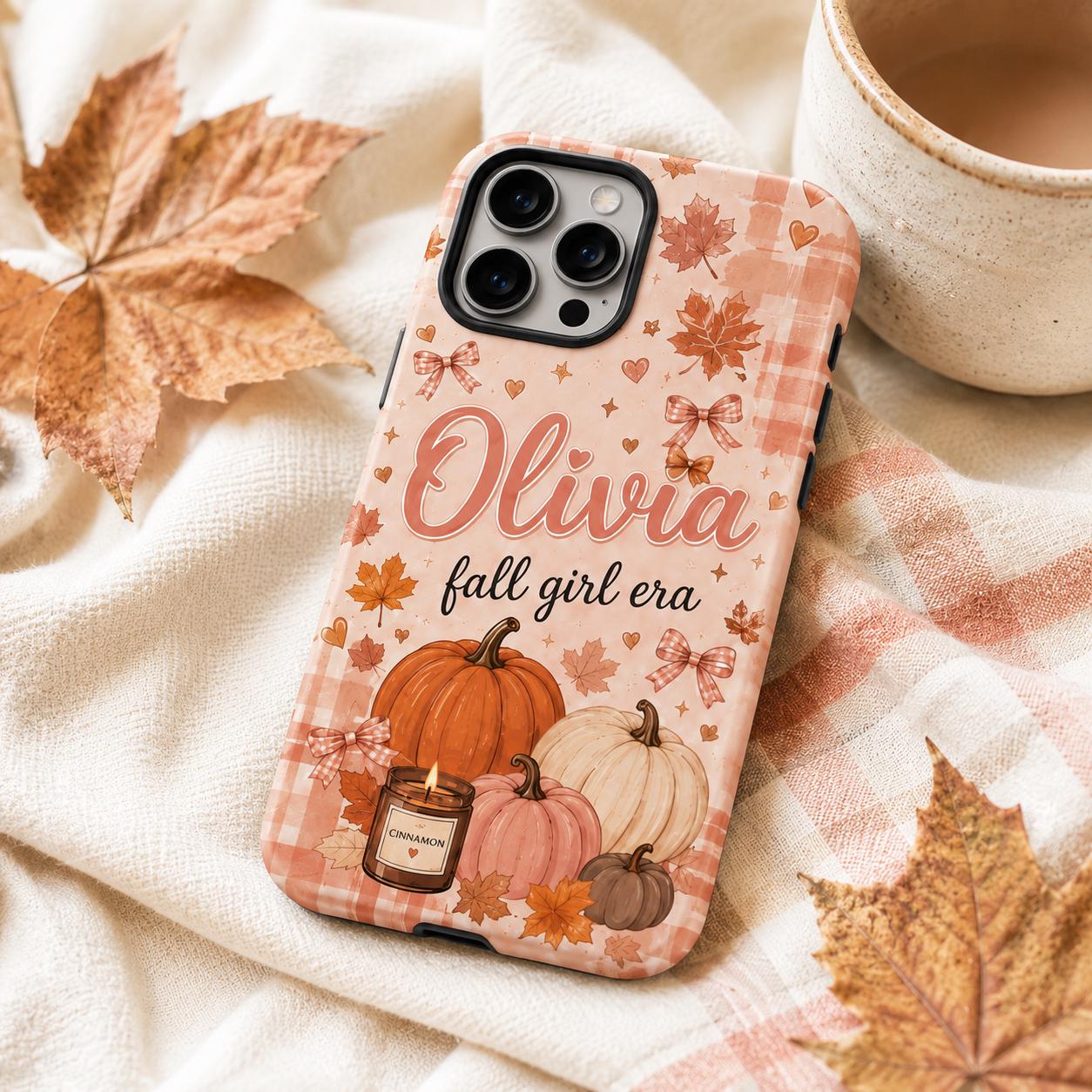 Personalized Fall Phone Case, Custom Name Pumpkin Tough Case, Coquette Autumn Gift For Her