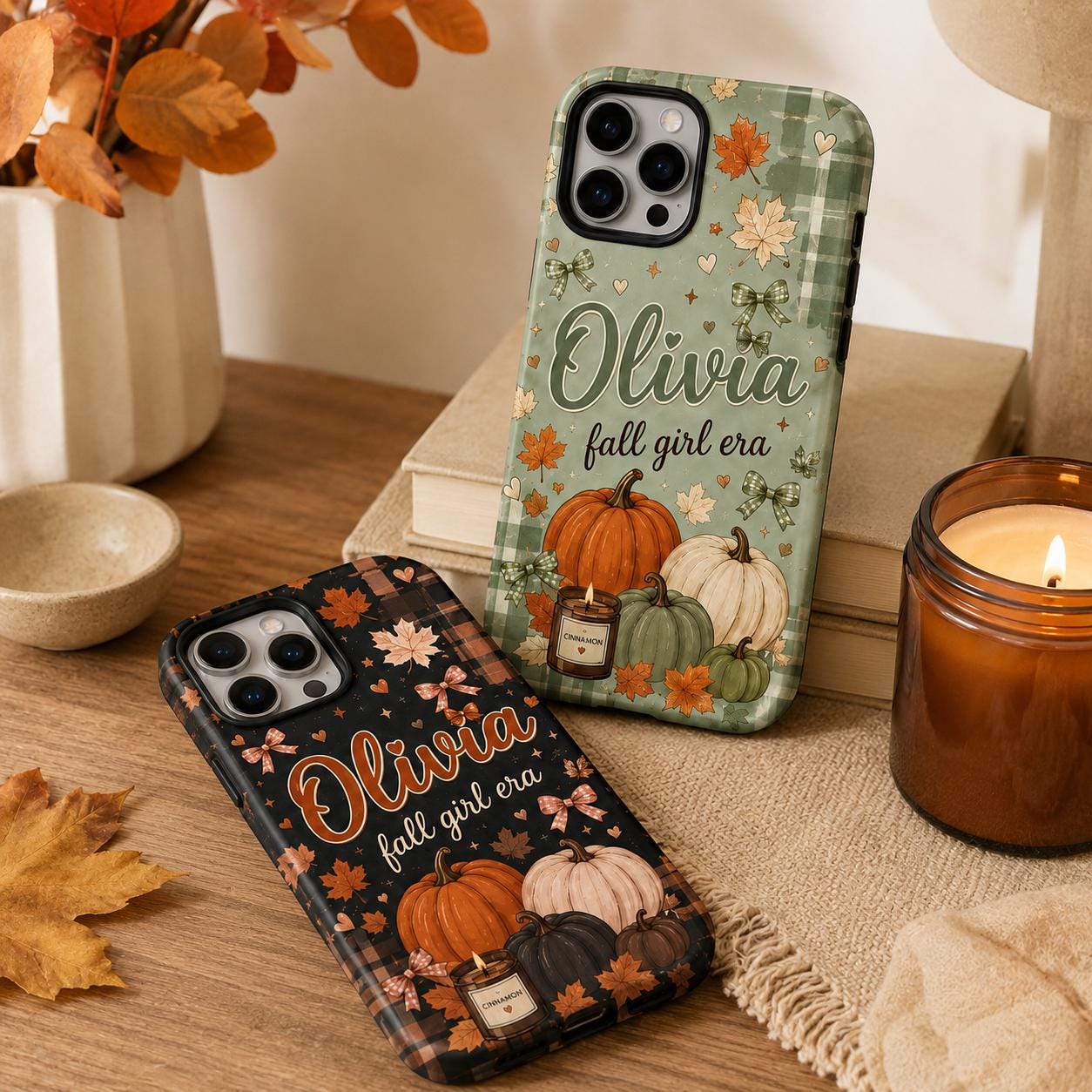 Personalized Fall Phone Case, Custom Name Pumpkin Tough Case, Coquette Autumn Gift For Her