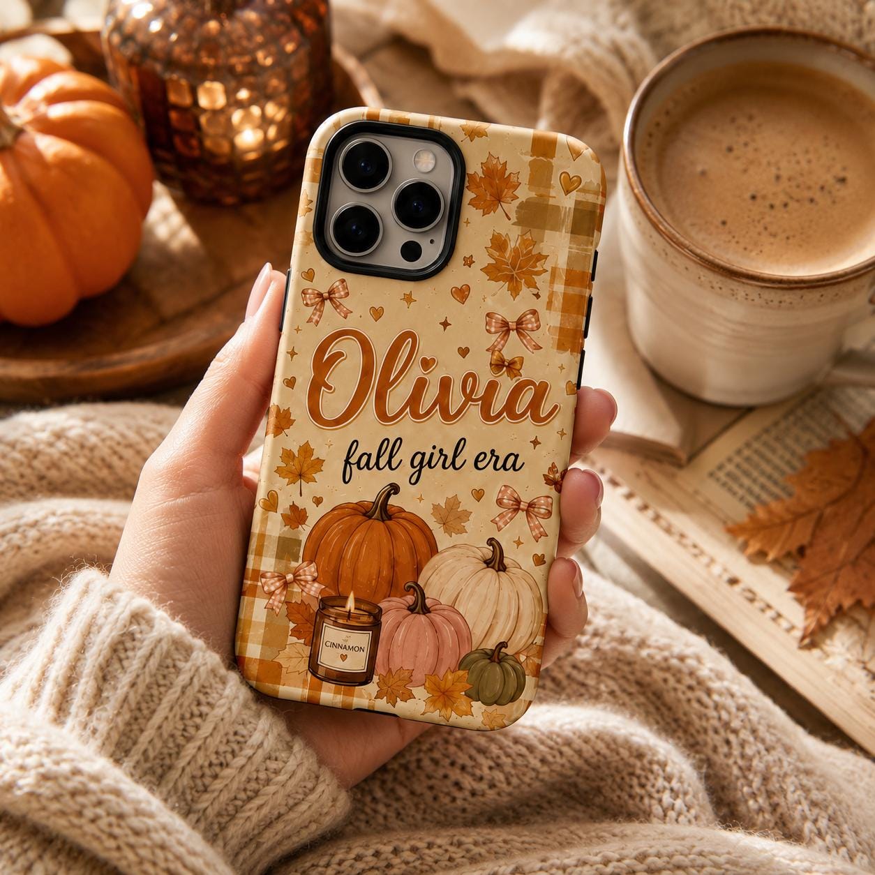 Personalized Fall Phone Case, Custom Name Pumpkin Tough Case, Coquette Autumn Gift For Her