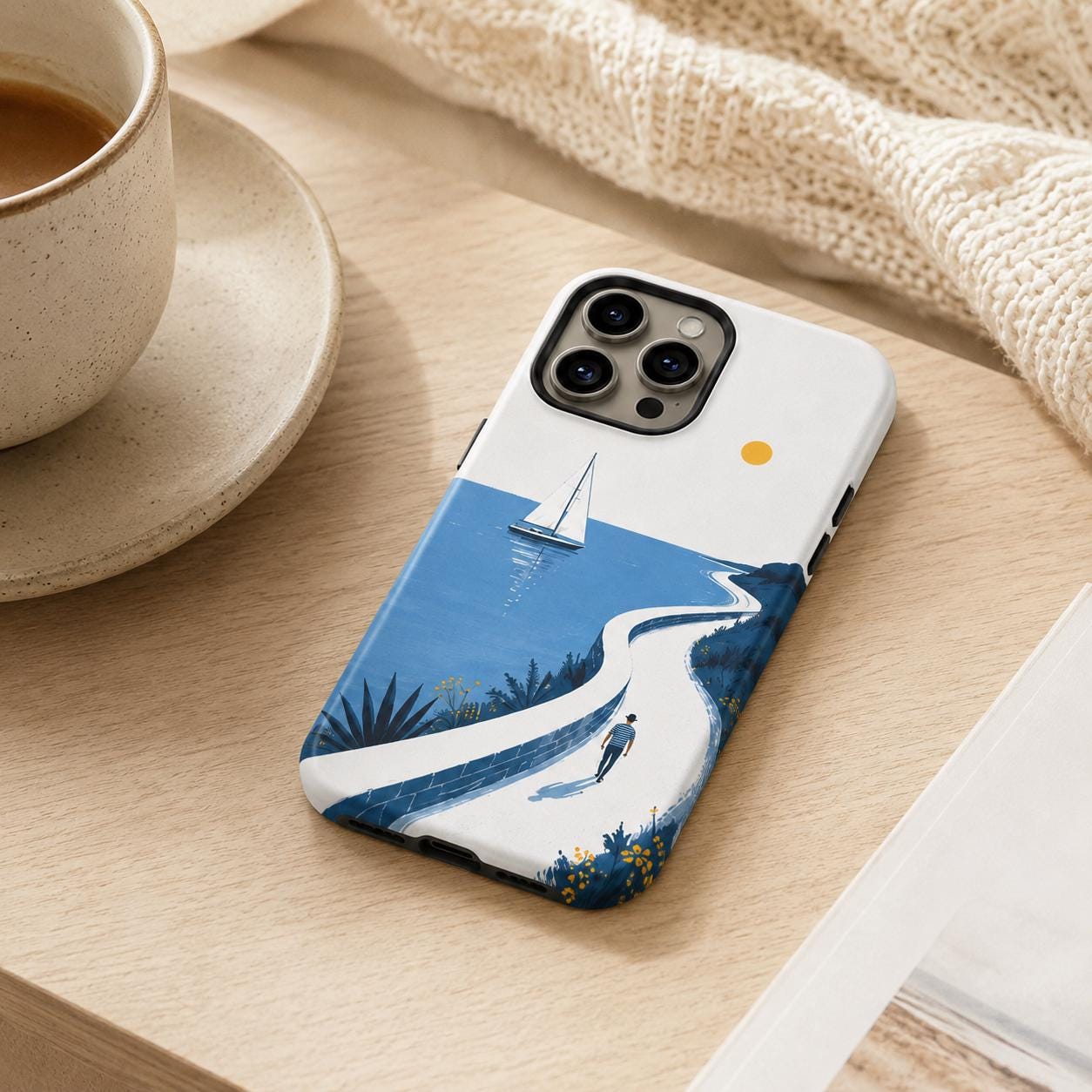Surfer Wave Phone Case, Blue Ocean Beach iPhone Case, Minimal Coastal Surf Case Gift
