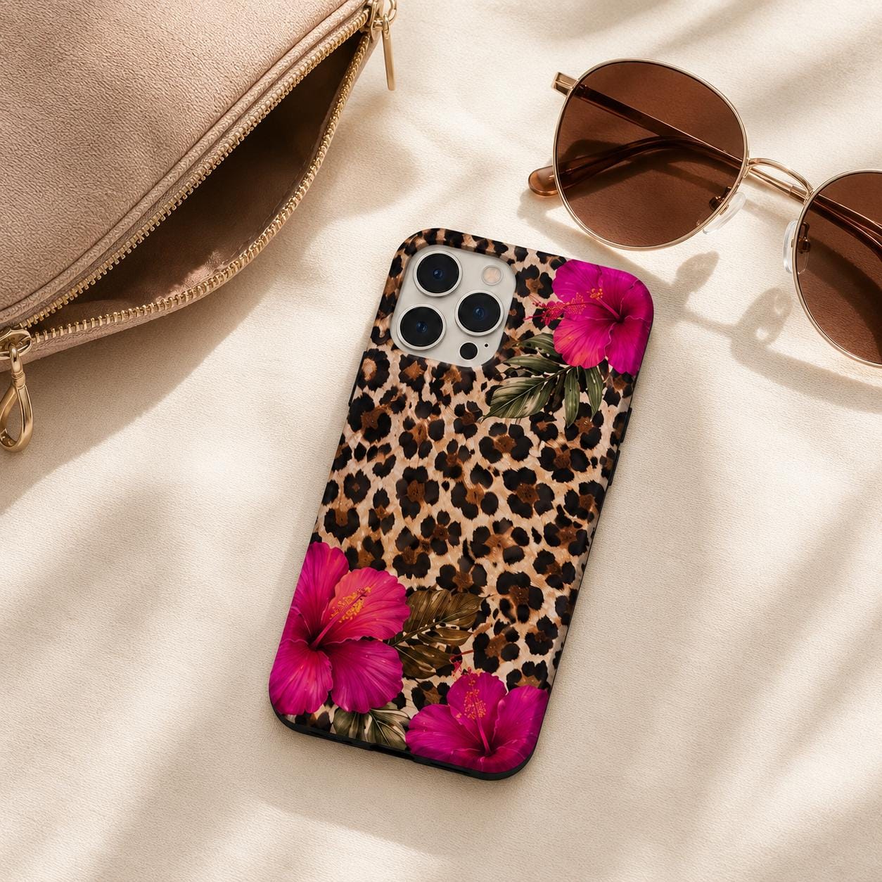 Leopard Hibiscus Phone Case, Tropical Floral iPhone Case, Pink Flower Animal Print Gift
