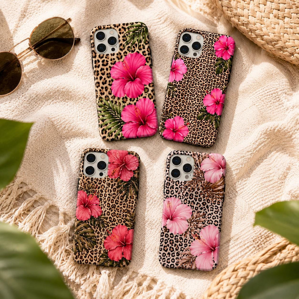 Leopard Hibiscus Phone Case, Tropical Floral iPhone Case, Pink Flower Animal Print Gift