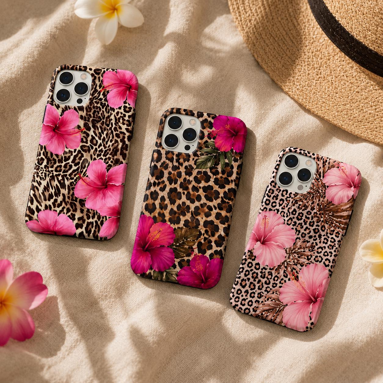 Leopard Hibiscus Phone Case, Tropical Floral iPhone Case, Pink Flower Animal Print Gift