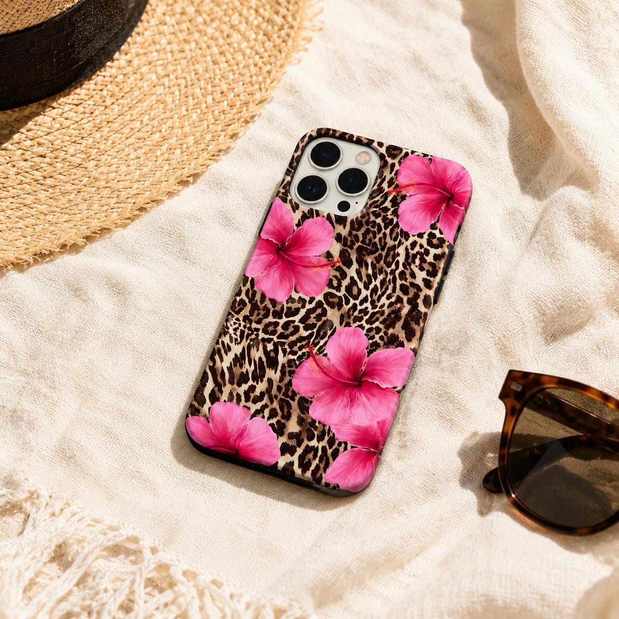 Leopard Hibiscus Phone Case, Tropical Floral iPhone Case, Pink Flower Animal Print Gift