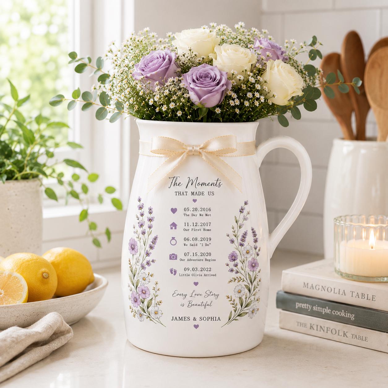 Personalized Love Story Timeline Ceramic Pitcher Vase, Custom Couple Milestone Flower Vase, Anniversary or - product image 8