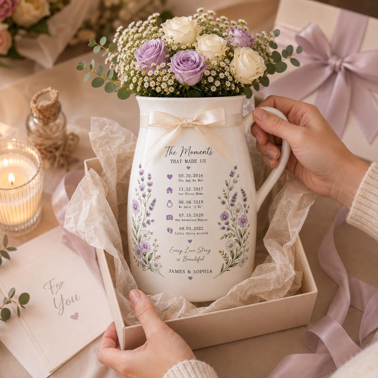 Personalized Love Story Timeline Ceramic Pitcher Vase, Custom Couple Milestone Flower Vase, Anniversary or - product image 5