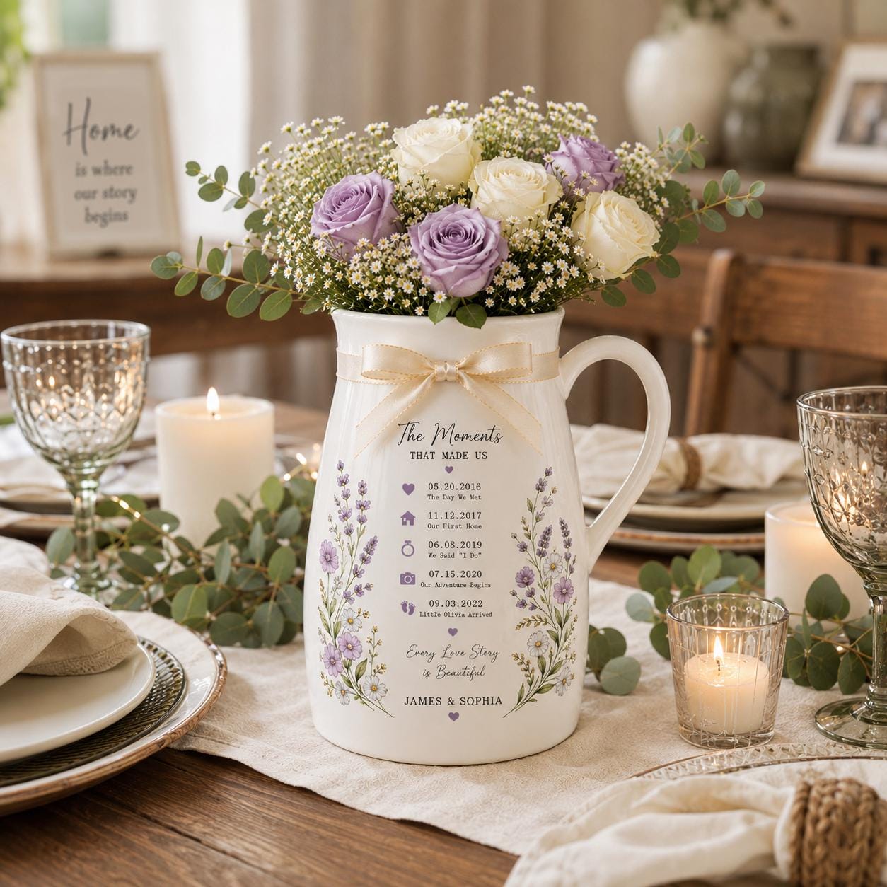Personalized Love Story Timeline Ceramic Pitcher Vase, Custom Couple Milestone Flower Vase, Anniversary or - product image 9