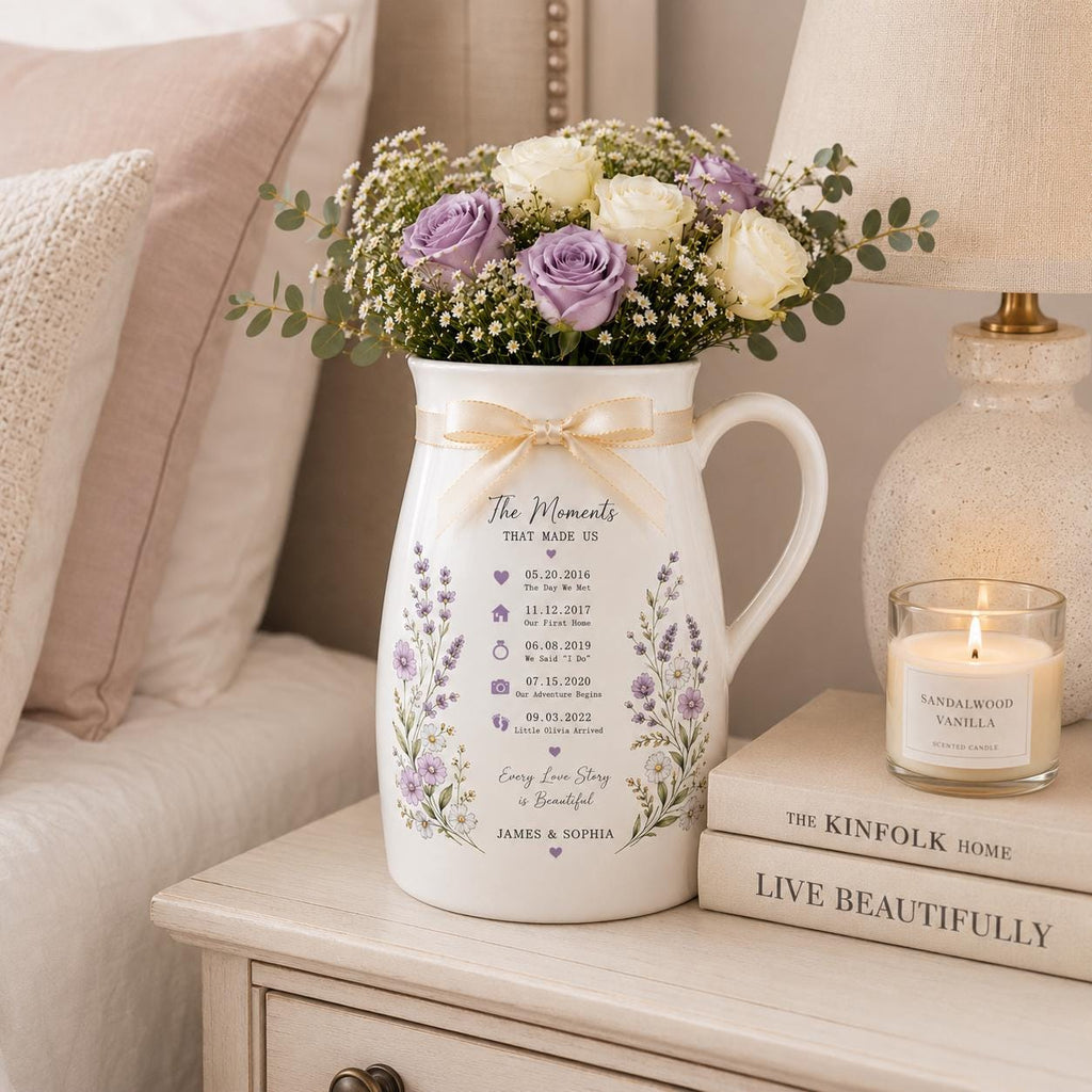 Personalized Love Story Timeline Ceramic Pitcher Vase, Custom Couple Milestone Flower Vase, Anniversary - product image 10
