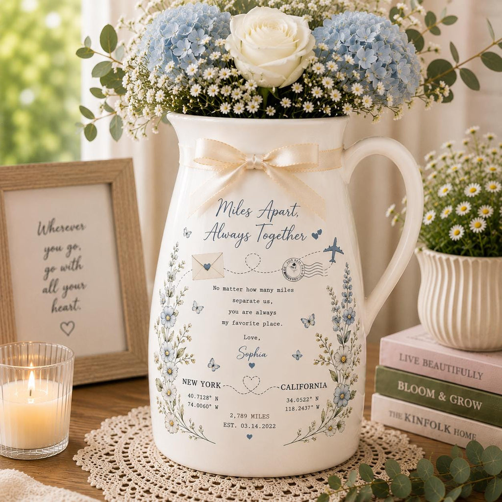 Personalized Long Distance Ceramic Vase, Custom Miles Apart Flower Vase, Friendship or Couple Gift, Moving - product image 2
