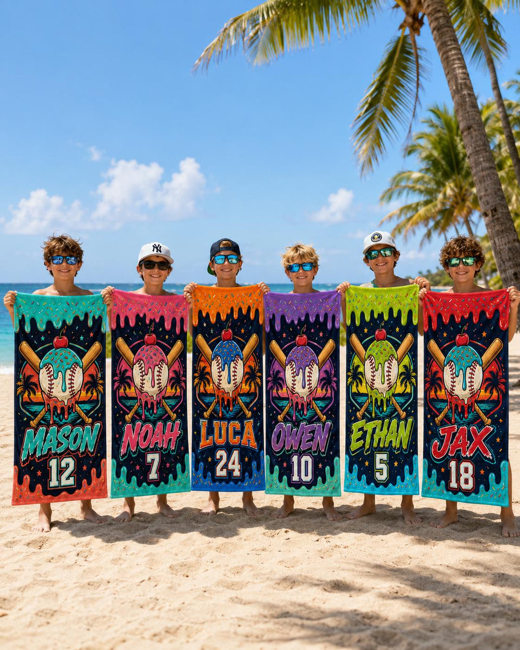 Personalized Baseball Ice Cream Beach Towel, Custom Name Summer Pool Towel - product image 6