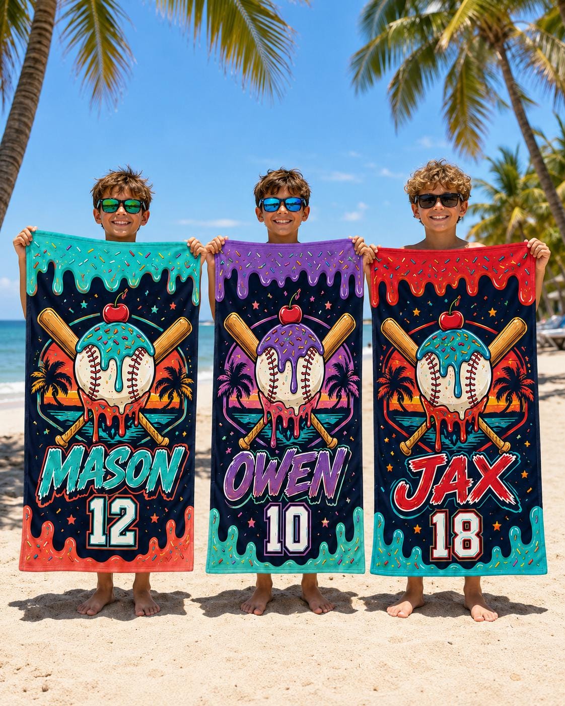 Personalized Baseball Ice Cream Beach Towel, Custom Name Summer Pool Towel - product image 9