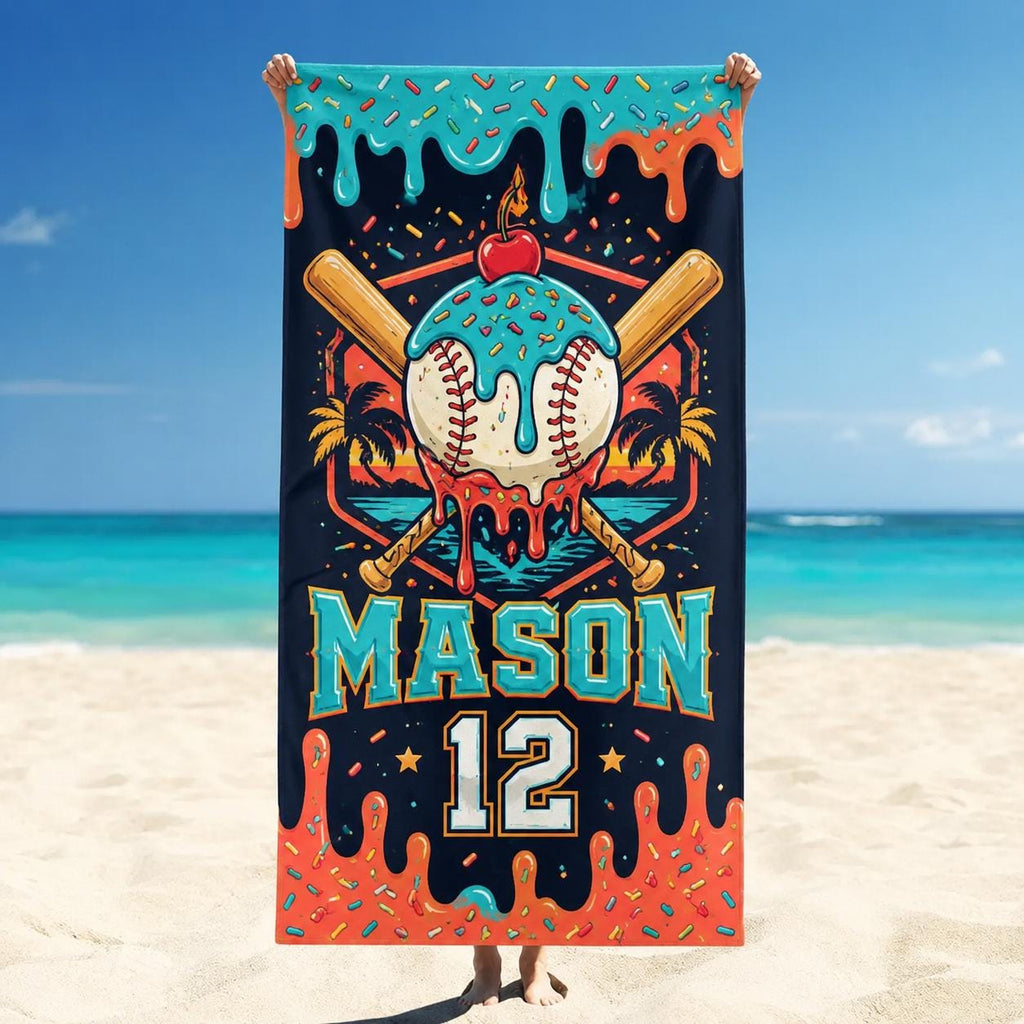 Personalized Baseball Ice Cream Beach Towel, Custom Name Summer Pool Towel - product image 1