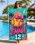 Personalized Softball Beach Towel, Custom Name Sports Pool Towel - product image 1