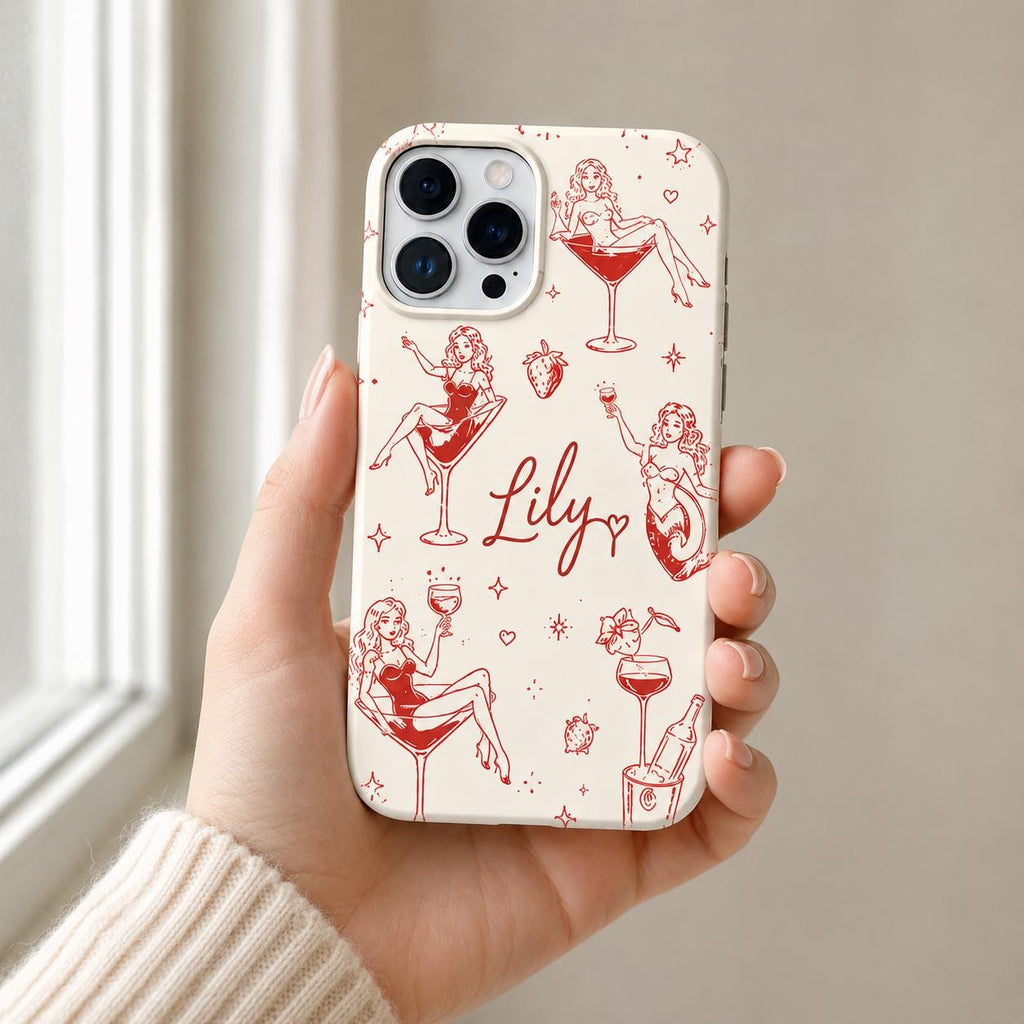 Custom Pin Up Phone Case, Retro Cocktail Mermaid iPhone Case, Personalized Cherry Girl Gift