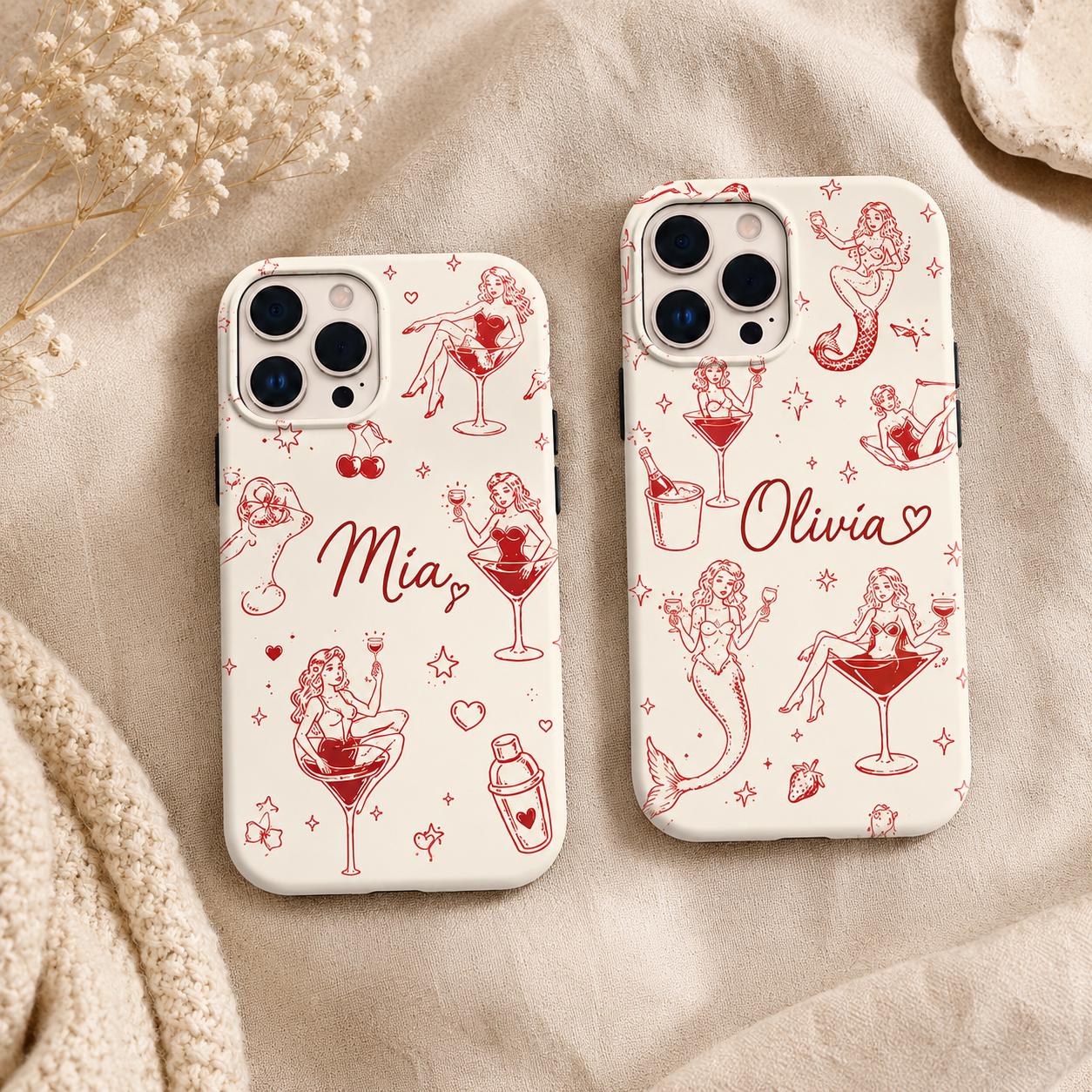 Custom Pin Up Phone Case, Retro Cocktail Mermaid iPhone Case, Personalized Cherry Girl Gift