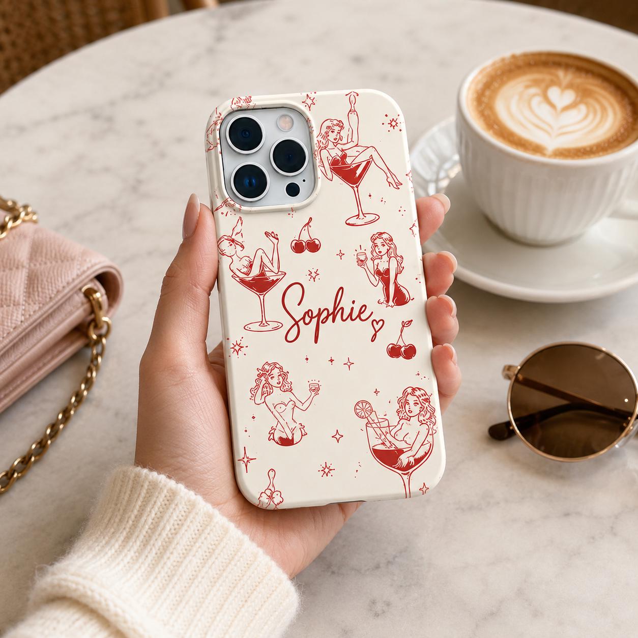 Custom Pin Up Phone Case, Retro Cocktail Mermaid iPhone Case, Personalized Cherry Girl Gift