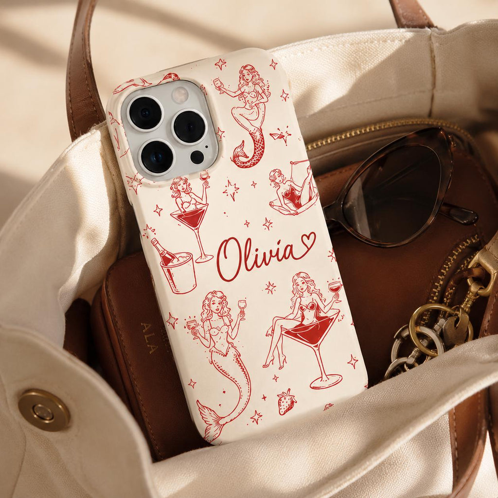 Custom Pin Up Phone Case, Retro Cocktail Mermaid iPhone Case, Personalized Cherry Girl Gift