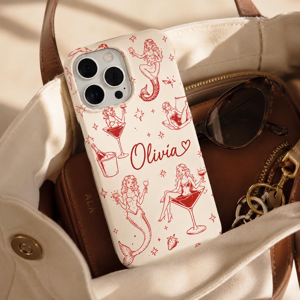 Custom Pin Up Phone Case, Retro Cocktail Mermaid iPhone Case, Personalized Cherry Girl Gift