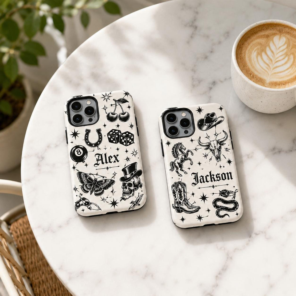 Custom Name Skull Rose iPhone Case, Rock N Roll Guitar Phone Protection
