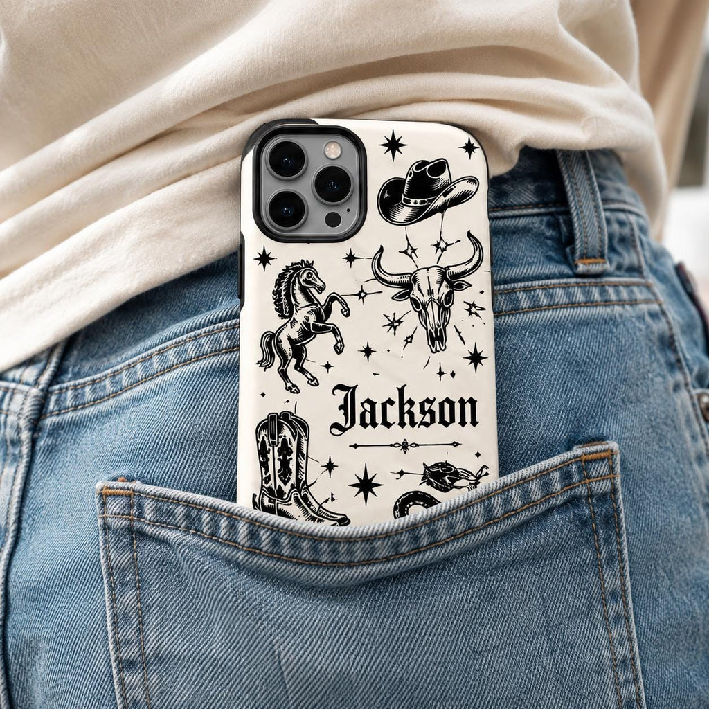 Custom Name Skull Rose iPhone Case, Rock N Roll Guitar Phone Protection