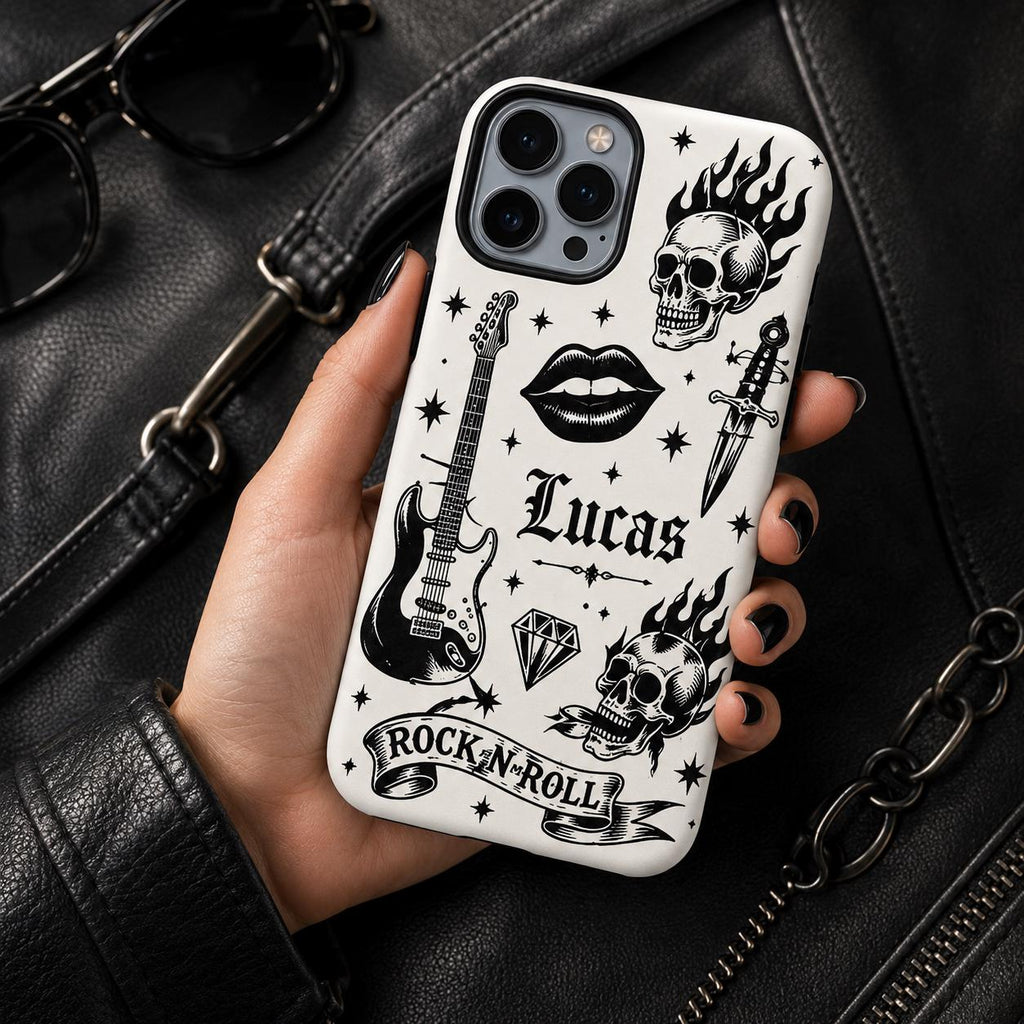 Custom Name Skull Rose iPhone Case, Rock N Roll Guitar Phone Protection