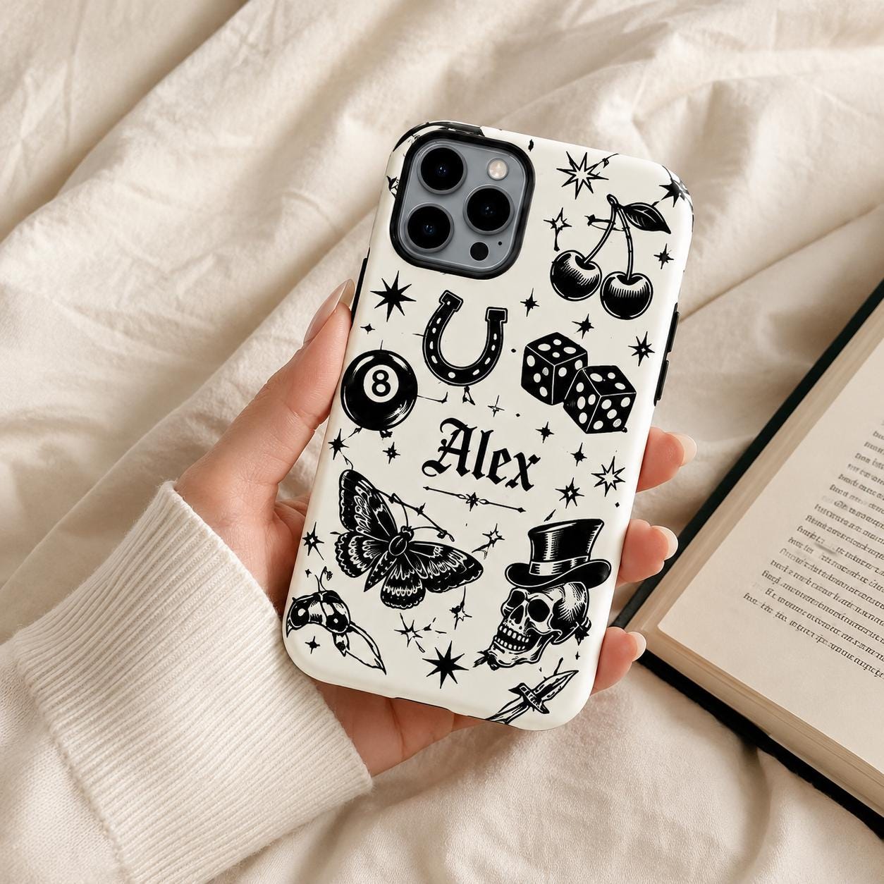 Custom Name Skull Rose iPhone Case, Rock N Roll Guitar Phone Protection
