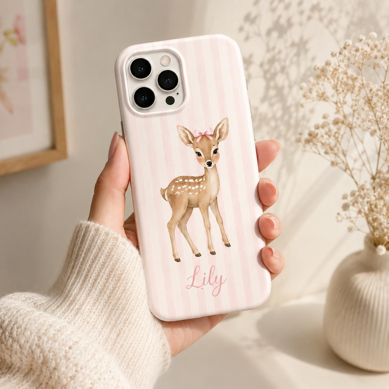 Personalized Fawn Pink Stripe iPhone Case, Baby Animal Tough Protection