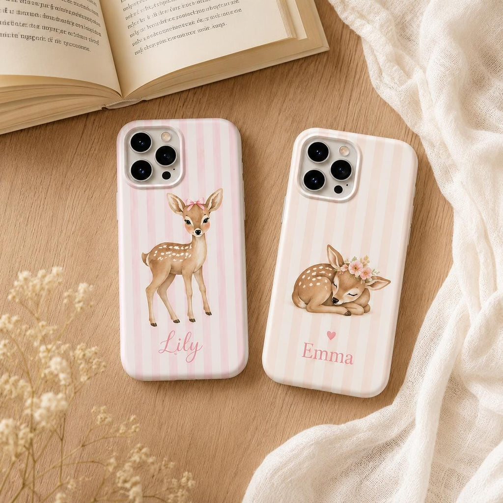 Personalized Fawn Pink Stripe iPhone Case, Baby Animal Tough Protection