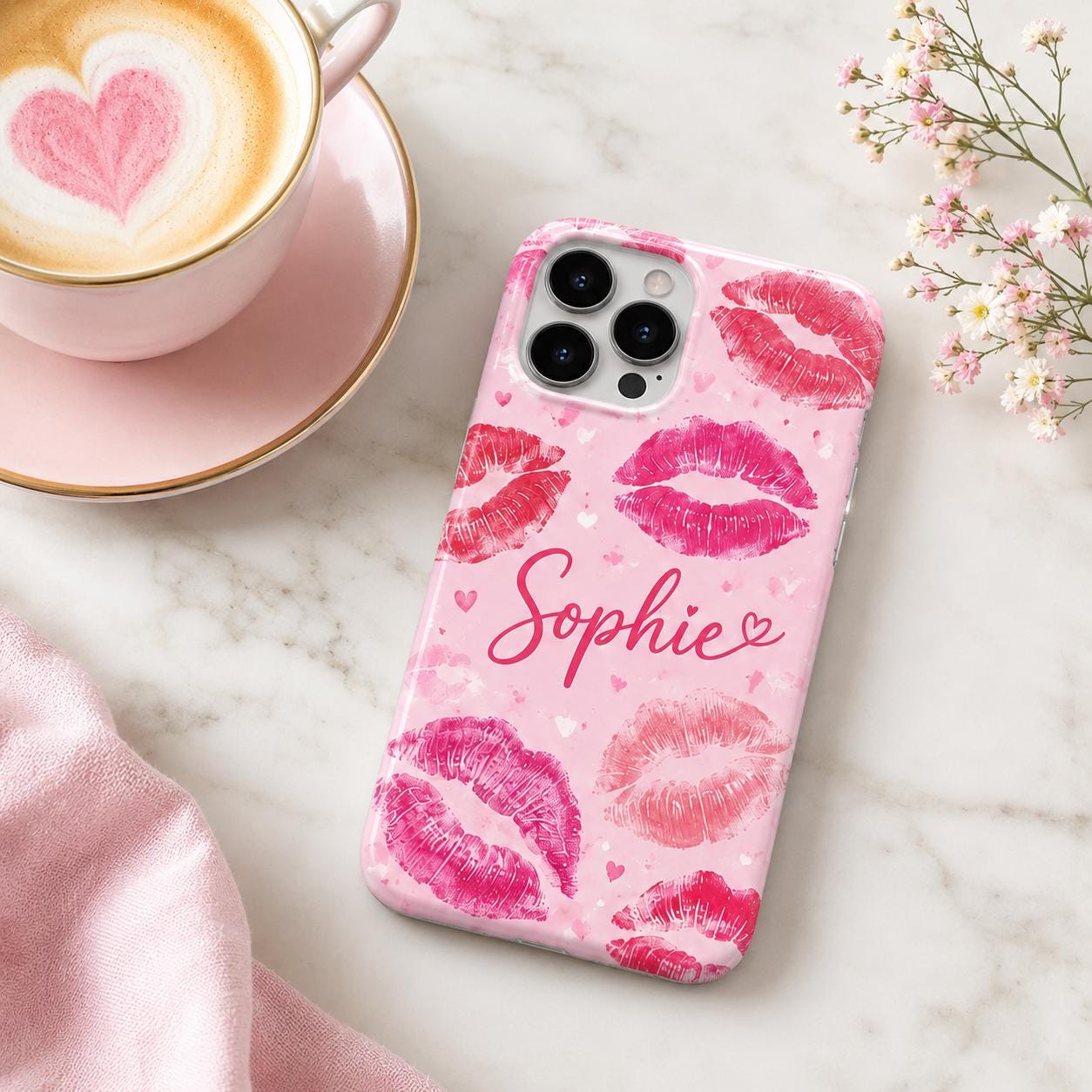 Custom Lipstick Kiss Phone Case, Personalized Name iPhone Case, Pink Lips Coquette Gift