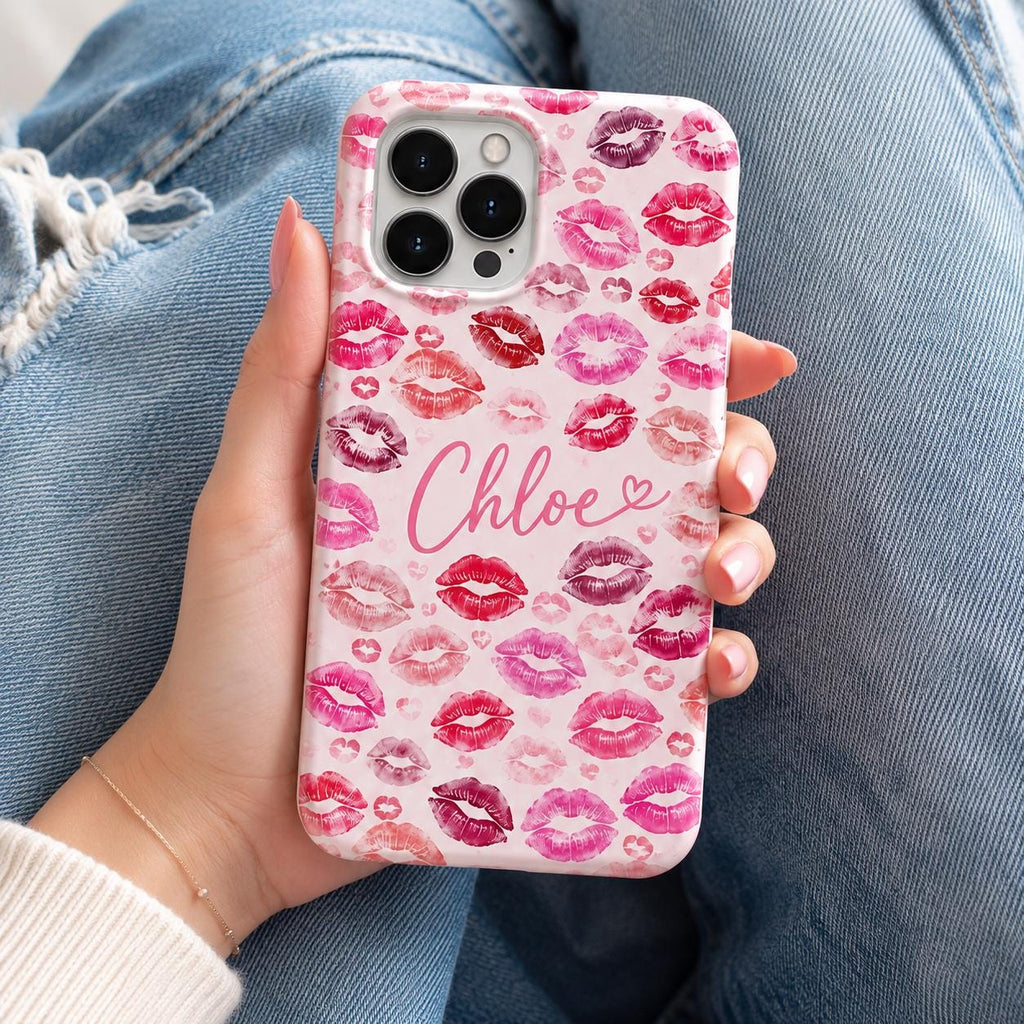 Custom Lipstick Kiss Phone Case, Personalized Name iPhone Case, Pink Lips Coquette Gift
