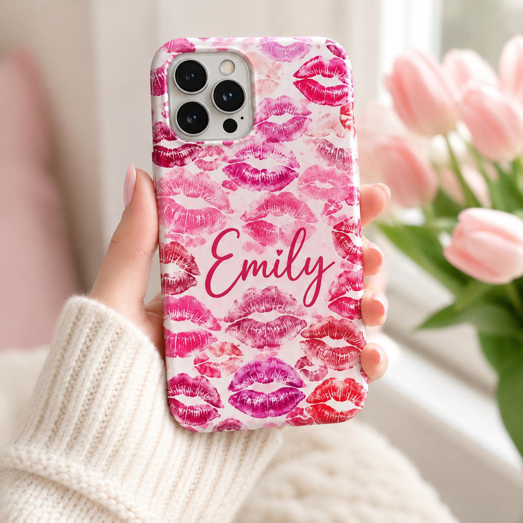 Custom Lipstick Kiss Phone Case, Personalized Name iPhone Case, Pink Lips Coquette Gift