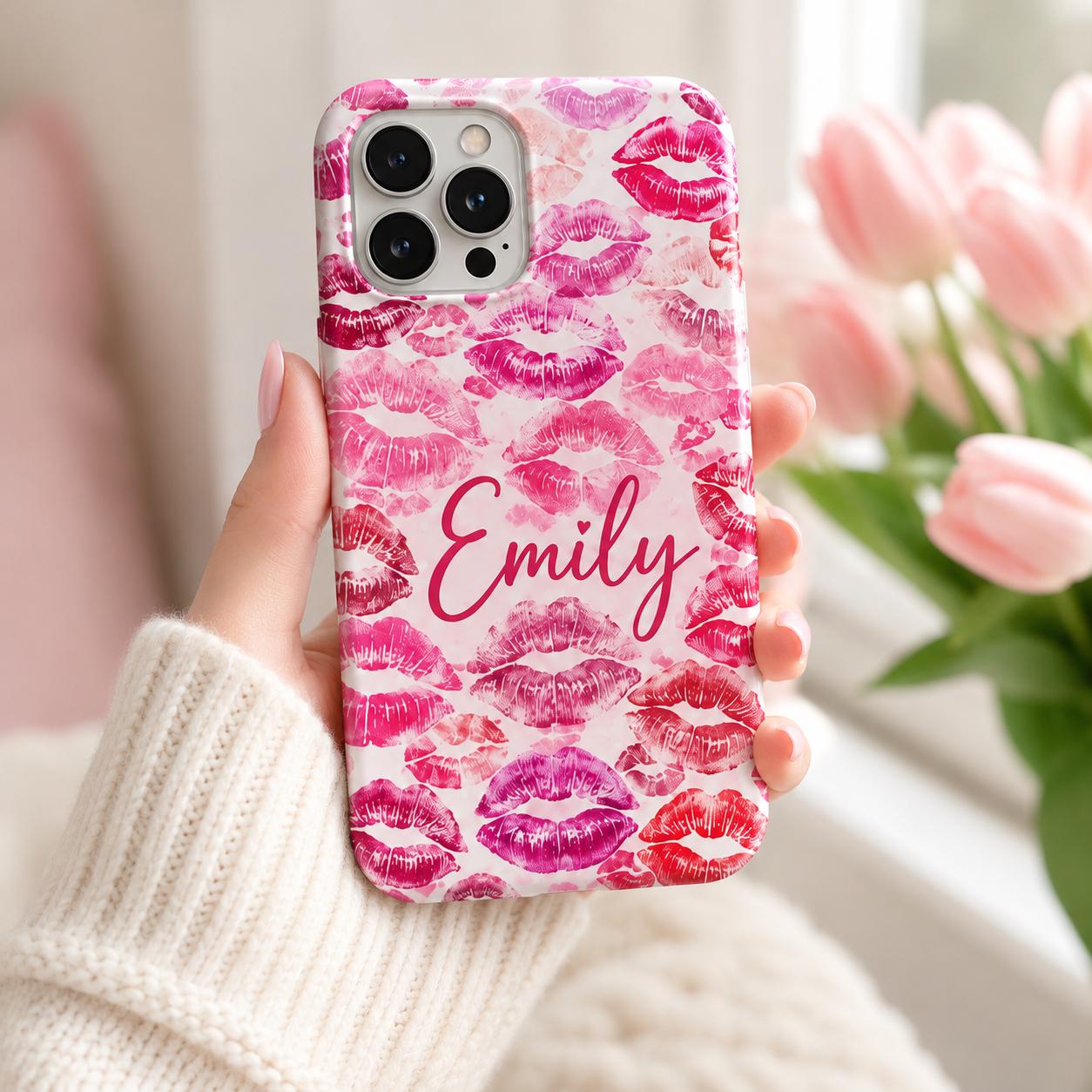 Custom Lipstick Kiss Phone Case, Personalized Name iPhone Case, Pink Lips Coquette Gift