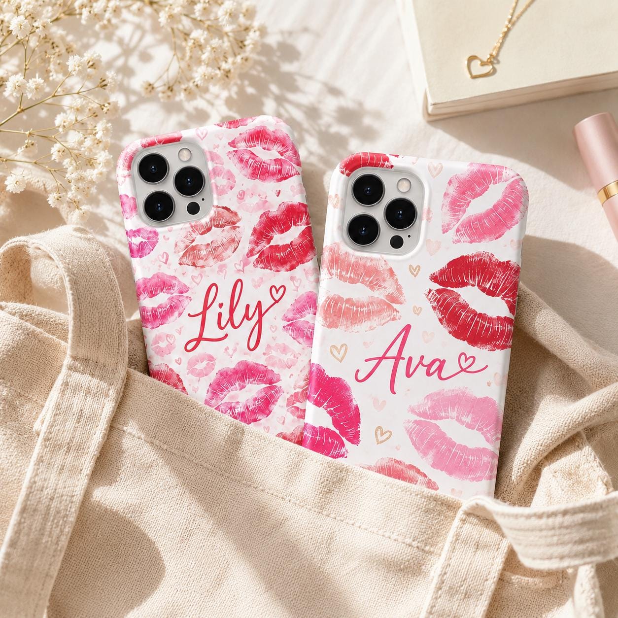 Custom Lipstick Kiss Phone Case, Personalized Name iPhone Case, Pink Lips Coquette Gift