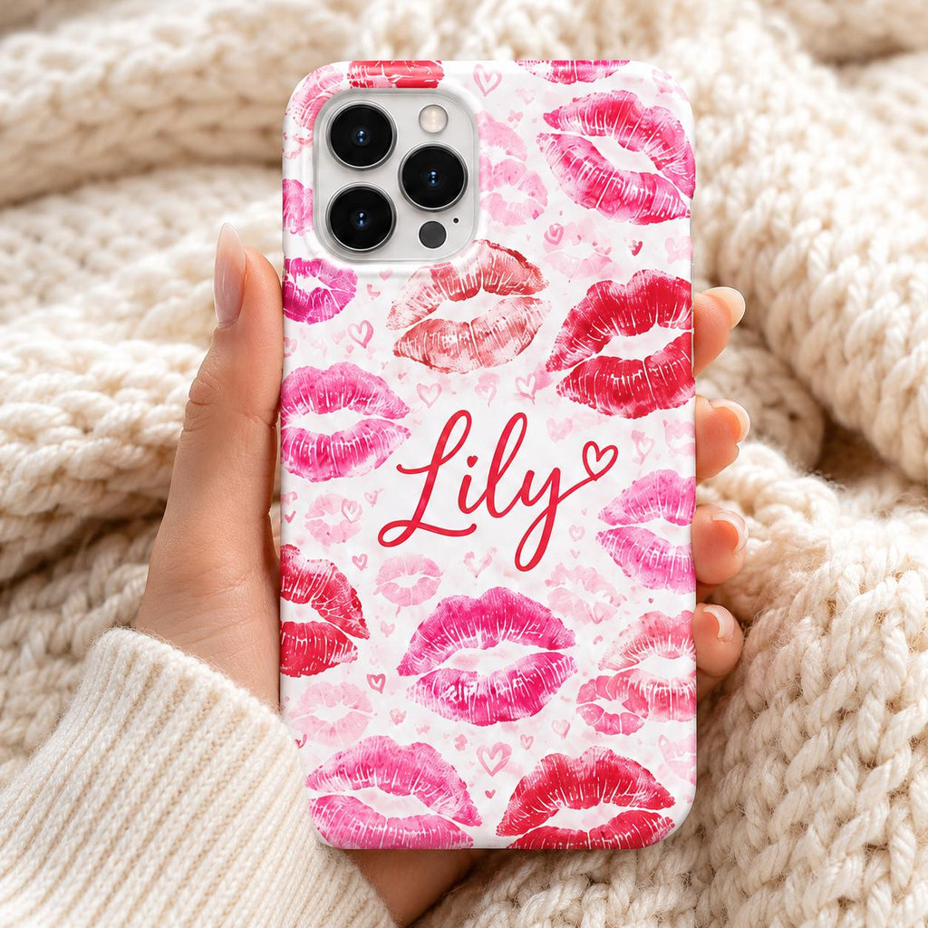 Custom Lipstick Kiss Phone Case, Personalized Name iPhone Case, Pink Lips Coquette Gift