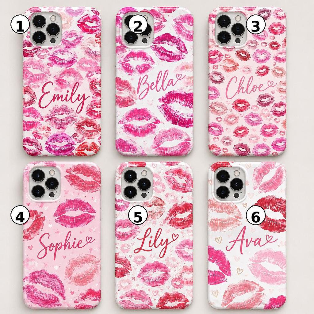 Custom Lipstick Kiss Phone Case, Personalized Name iPhone Case, Pink Lips Coquette Gift
