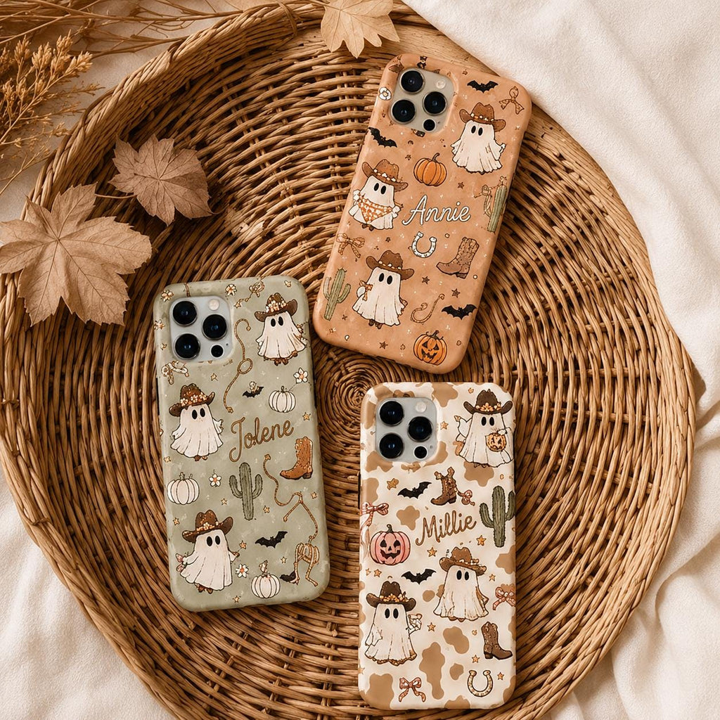 Custom Halloween Phone Case, Personalized Cowgirl Ghost iPhone Case, Cute Western Boo Gif