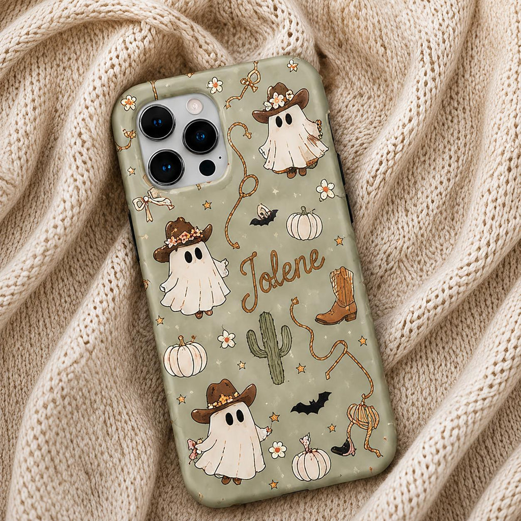 Custom Halloween Phone Case, Personalized Cowgirl Ghost iPhone Case, Cute Western Boo Gif