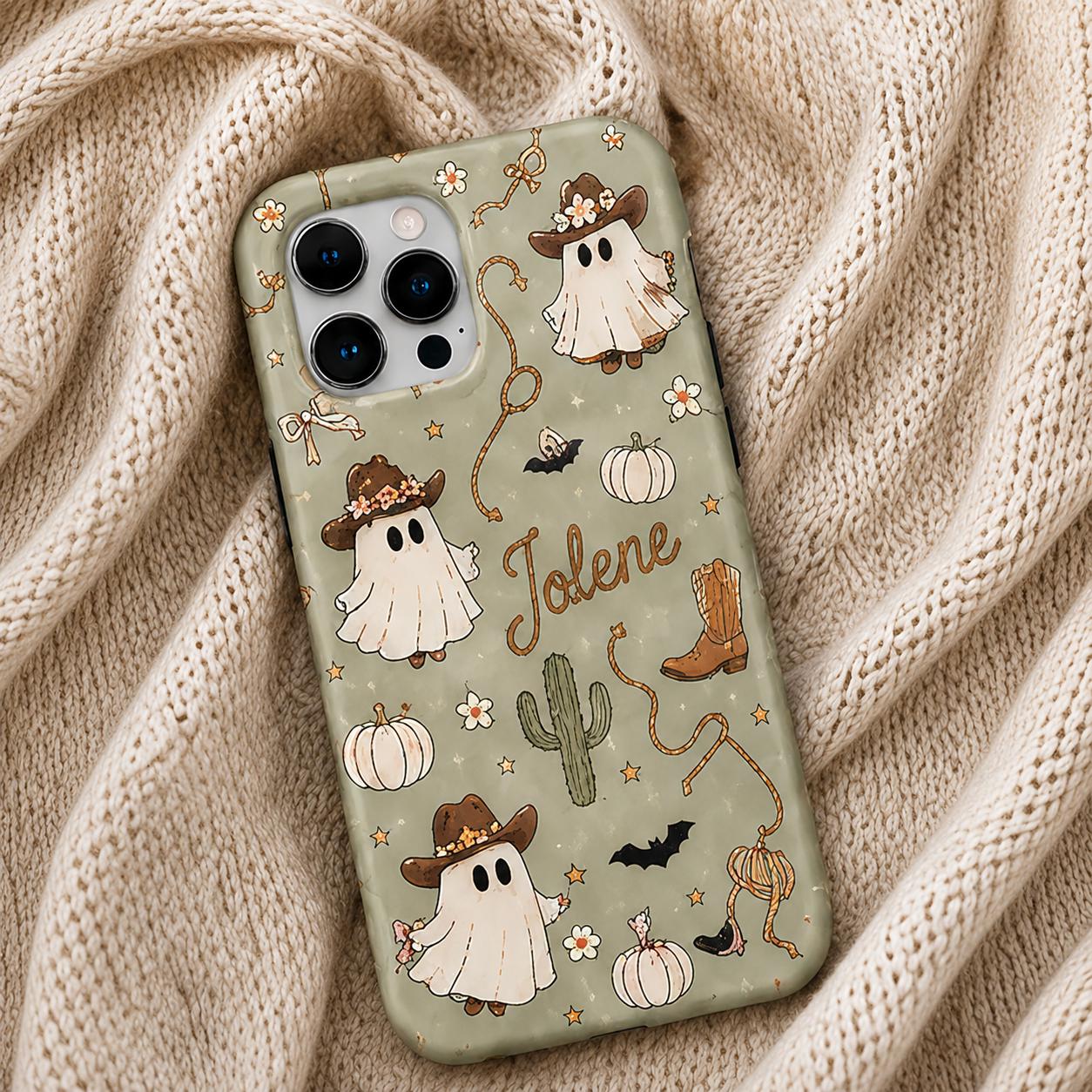 Custom Halloween Phone Case, Personalized Cowgirl Ghost iPhone Case, Cute Western Boo Gif