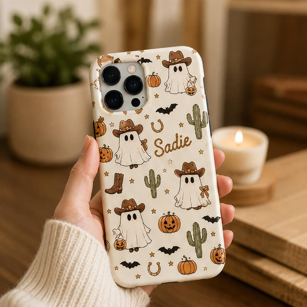 Custom Halloween Phone Case, Personalized Cowgirl Ghost iPhone Case, Cute Western Boo Gif