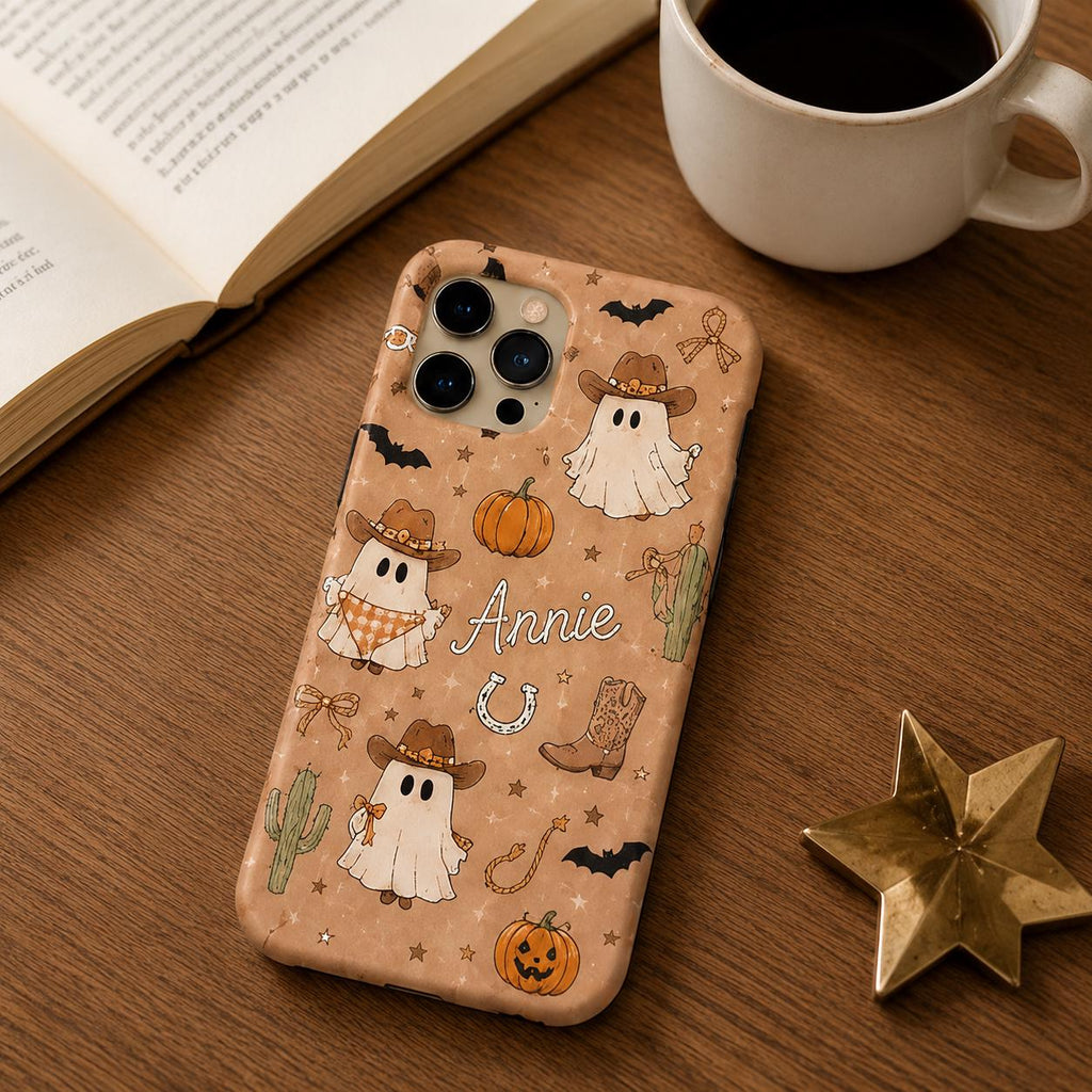 Custom Halloween Phone Case, Personalized Cowgirl Ghost iPhone Case, Cute Western Boo Gif