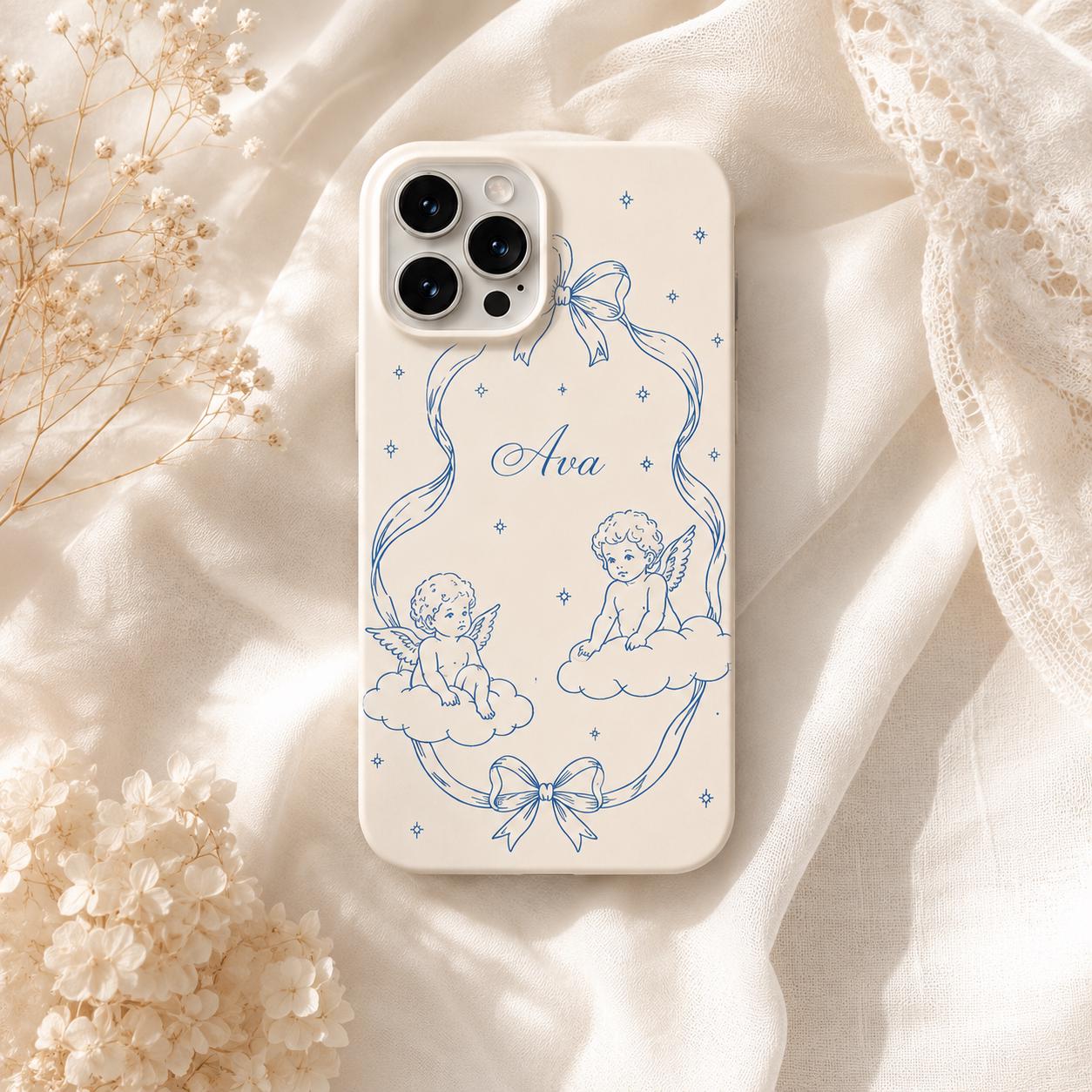 Custom Cherub Phone Case, Personalized Angel Toile iPhone Case, Blue Coquette Name Case Gift