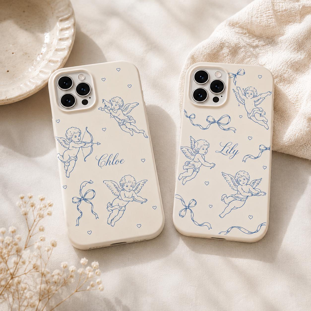 Custom Cherub Phone Case, Personalized Angel Toile iPhone Case, Blue Coquette Name Case Gift
