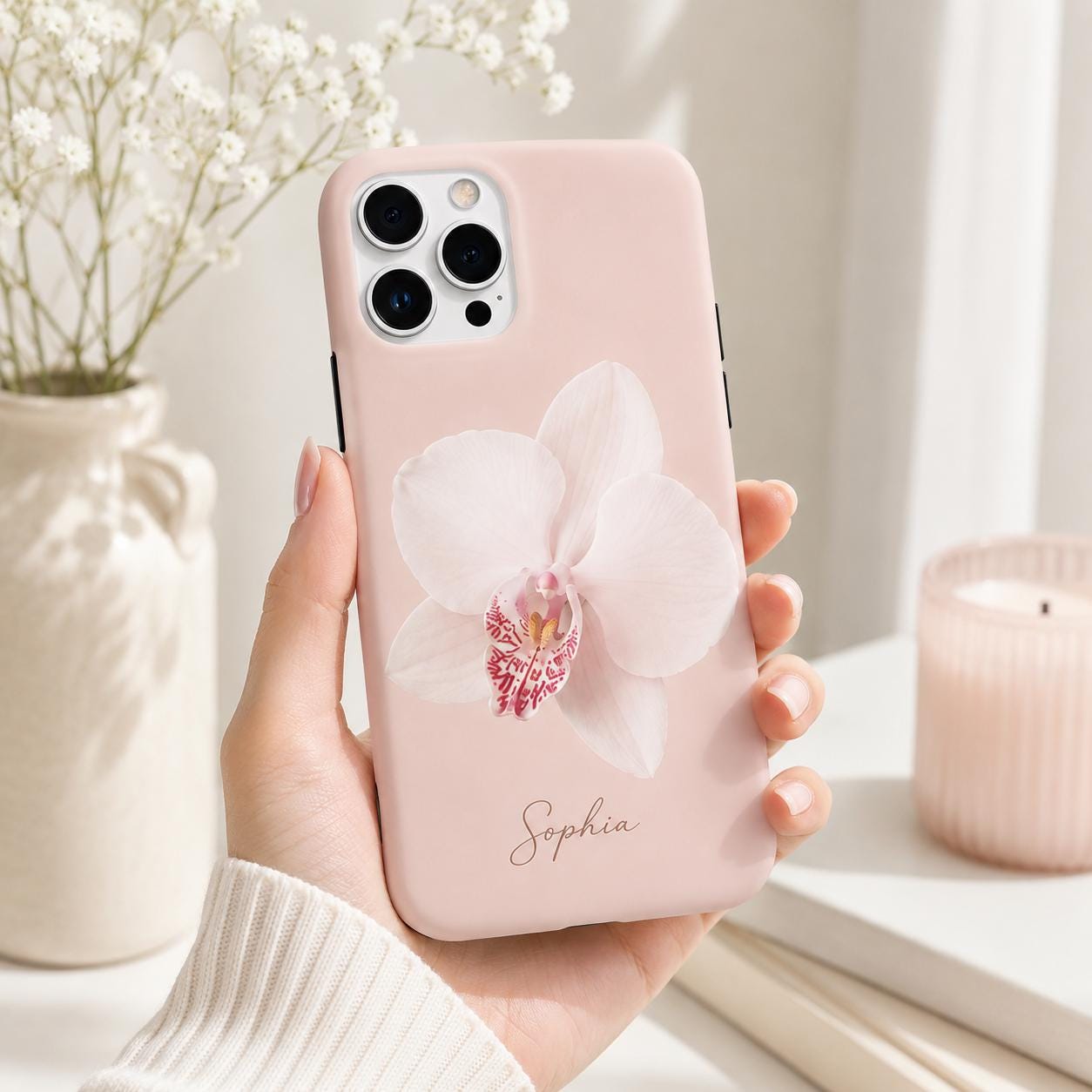 Custom Orchid Phone Case, Personalized Name iPhone Case, Elegant Black Floral Case Gif
