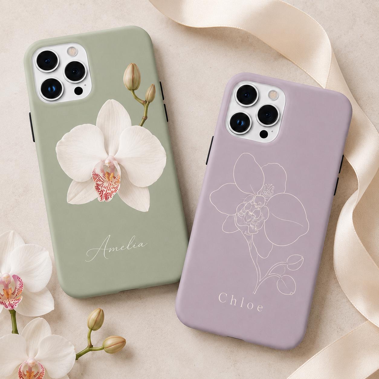 Custom Orchid Phone Case, Personalized Name iPhone Case, Elegant Black Floral Case Gif